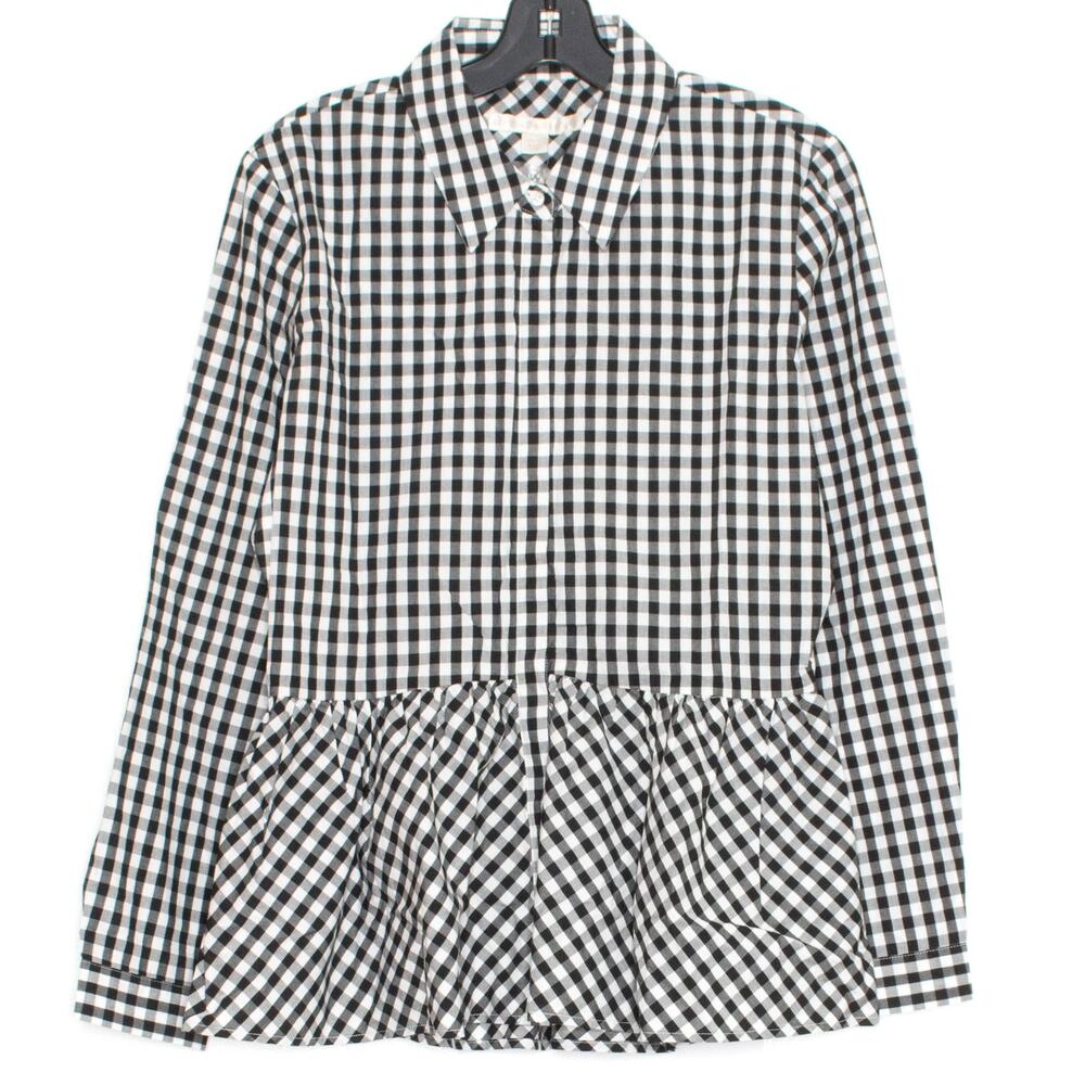 NWOT Boston Proper Womens Top Hidden Button Up Peplum Gingham Black White 10 FD